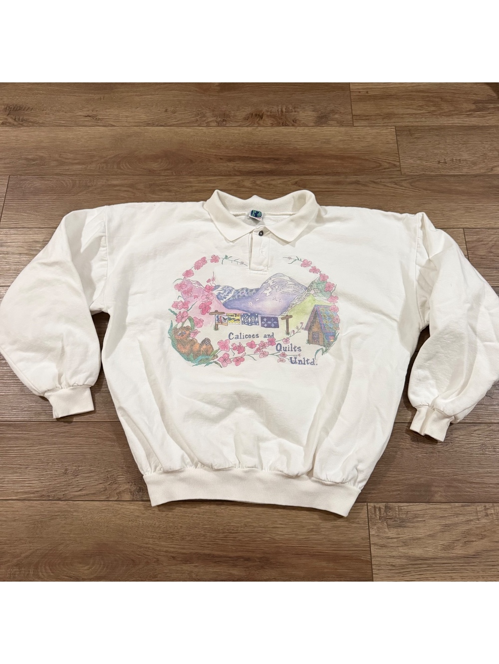 Vtg 1994 WEK Trish Stuart Quilts Unltd Collared Sweatshirt White USA Large XL